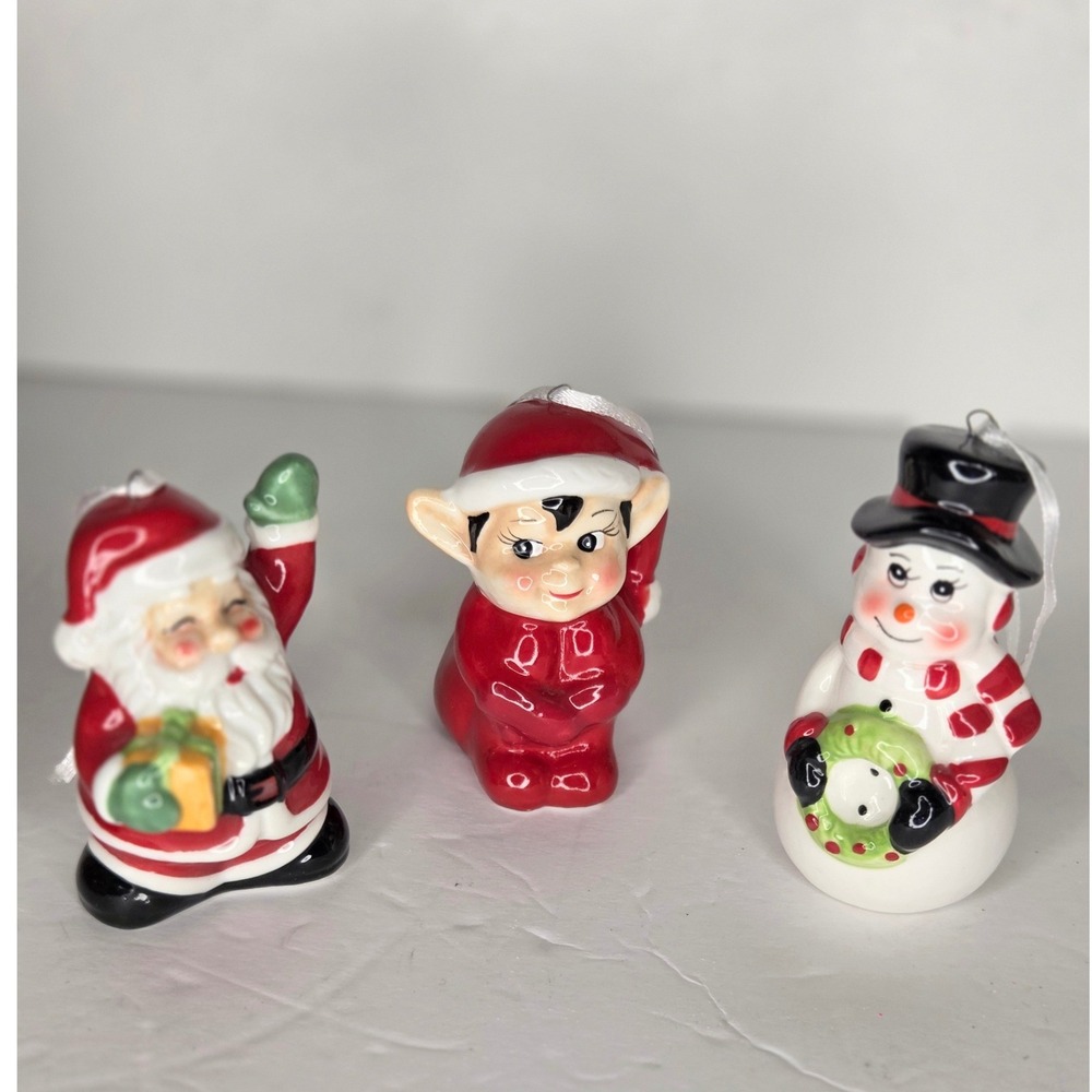 Allen + Roth Ceramic Christmas Ornament Set Santa Snowman Elf 3 Piece Red White